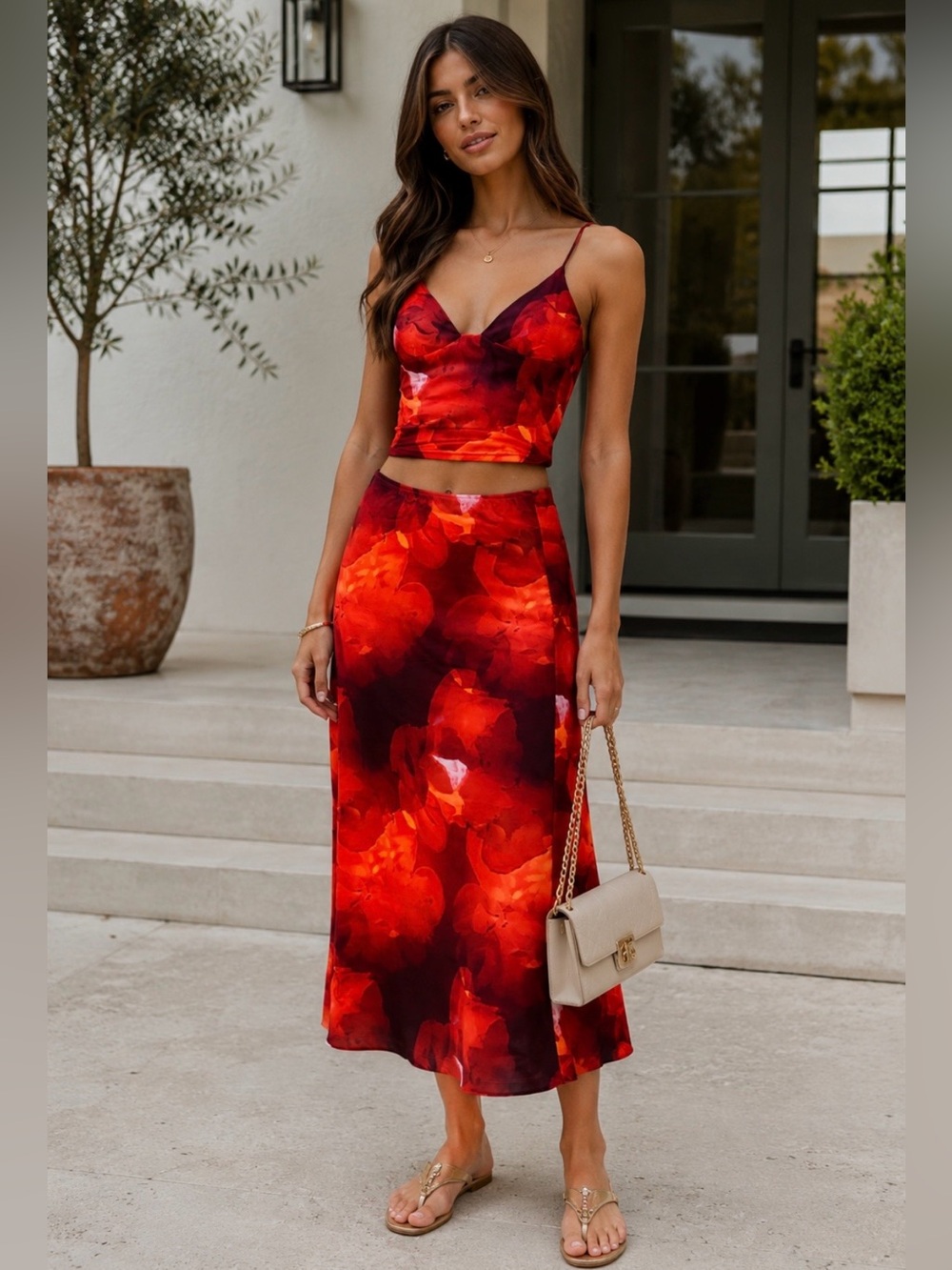 Red Floral Satin Midi Skirt - with matching top
